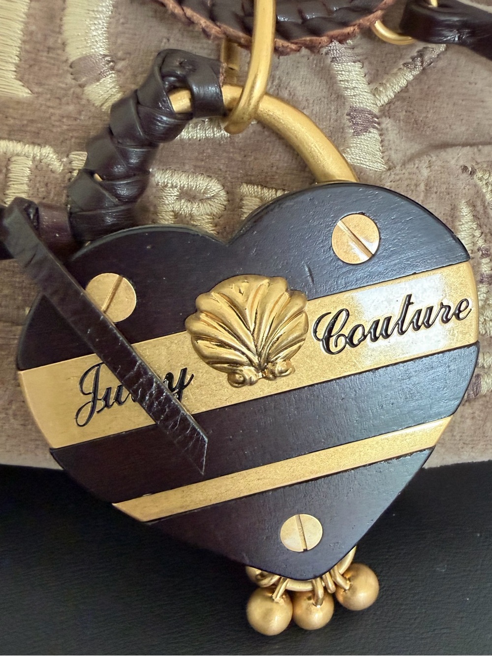 Juicy Couture Velour Satchel Shoulder Bag Doe Brown Y2K Heart Charm - Picture 3 of 16